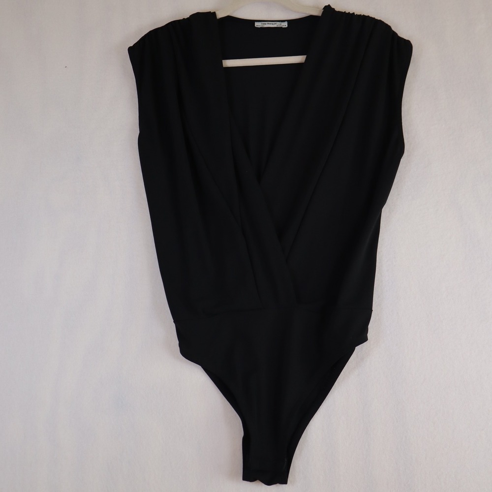Zara Sleeveless Bodysuit Large Black Plunge V-Neck Going Out Sexy Club Chic Mod